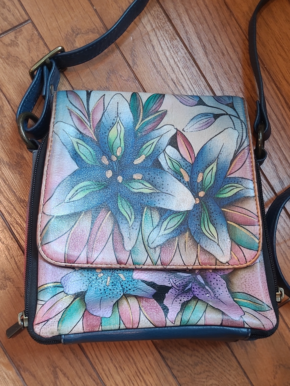 Anuschka Hand-Painted Leather Floral Lily Crossbody Bag in Blue, Green, Pink